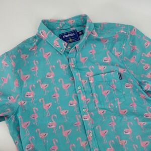 Chubbies Mens XL Flamingo Print Seersucker Short Sleeve Button Down Shirt Teal